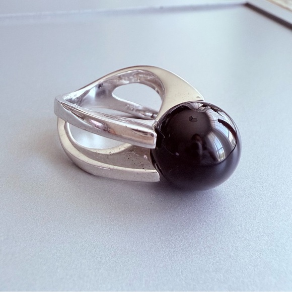 Modernist Black Onyx Sphere Ball Sterling Silver Ring TD Designer - Picture 4 of 15